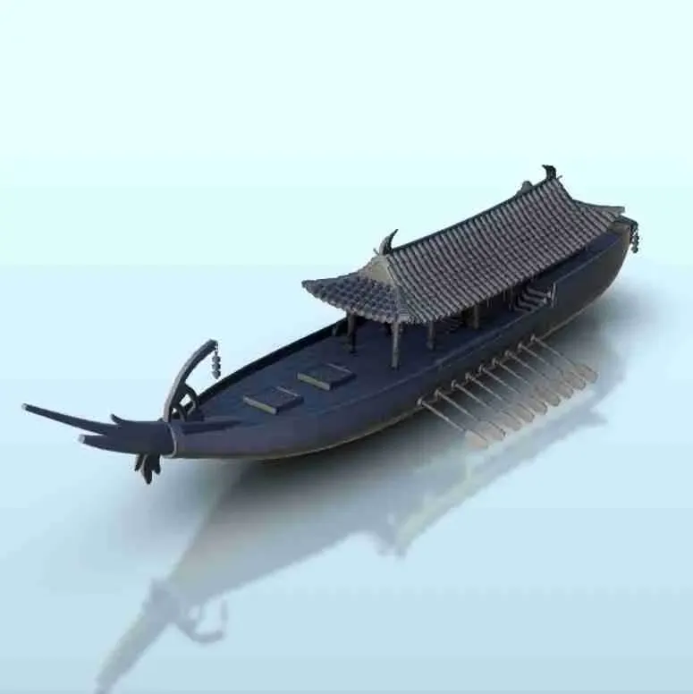 Large oriental boat with roof and oars 3 - Japan China Korea