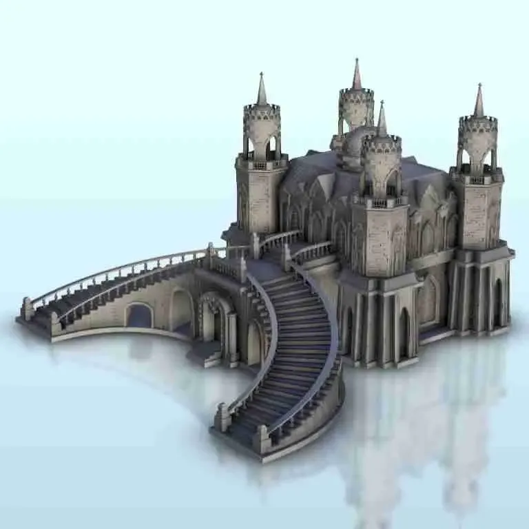 Gothic palace with entrance stairs - scenery medieval miniat