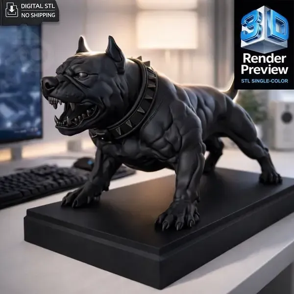Pitbull STL – 3D Printable Aggressive Dog Statue with Base