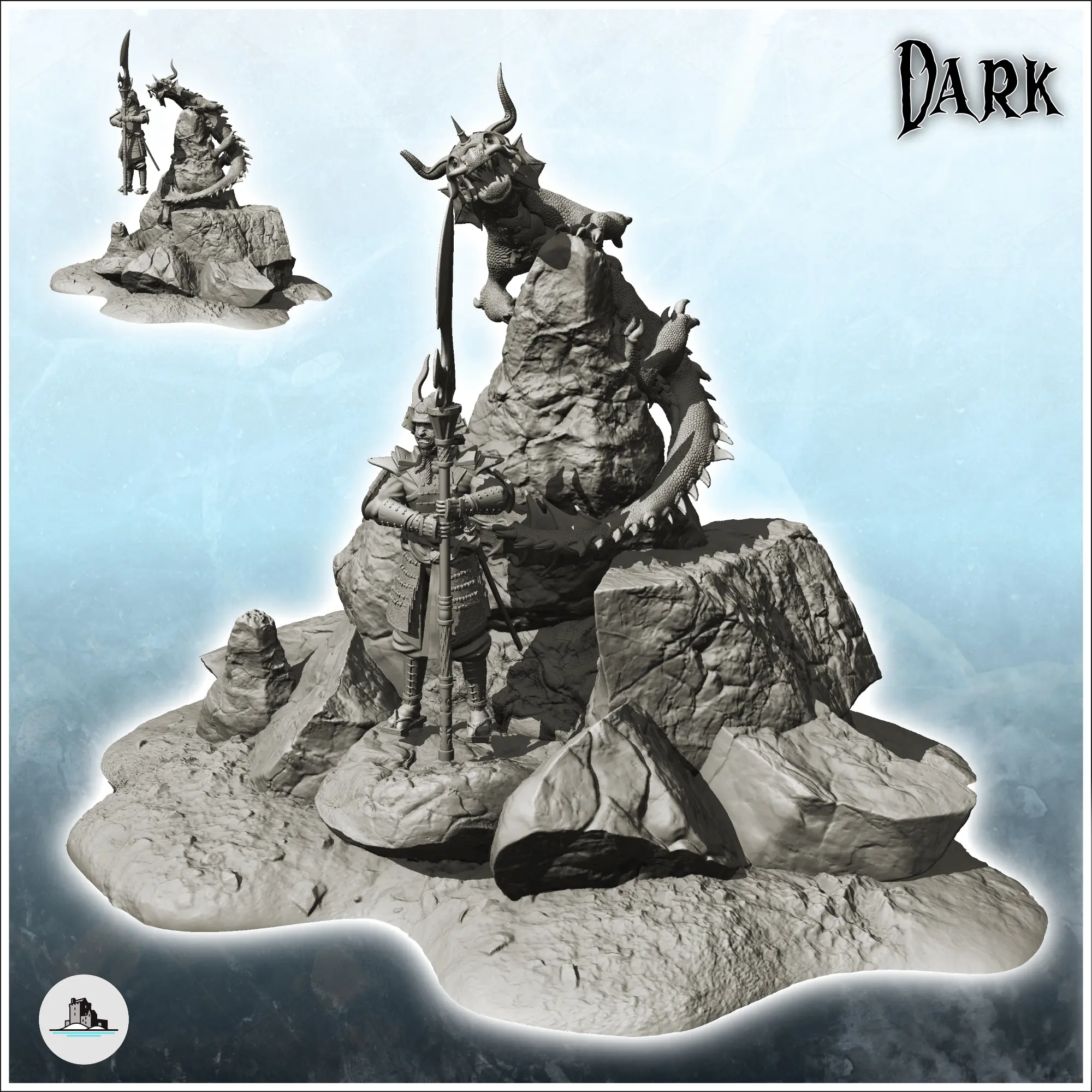 Dragon and samurai on rock - figure miniature statue fantasy