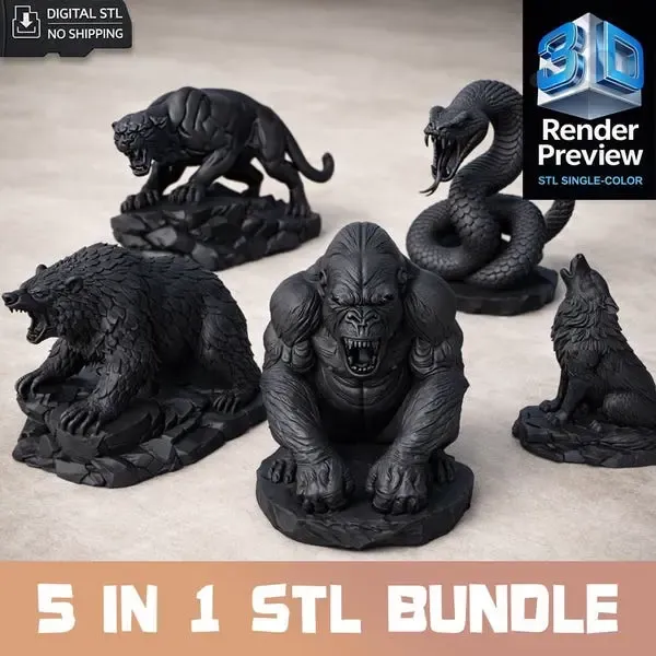 5 in 1 Animal STL Bundle – 3D Printable Wild Animal Statues