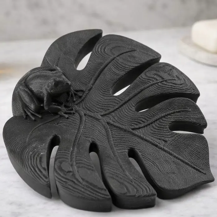 Monstera Leaf Soap Dish with Frog – Bathroom Decor