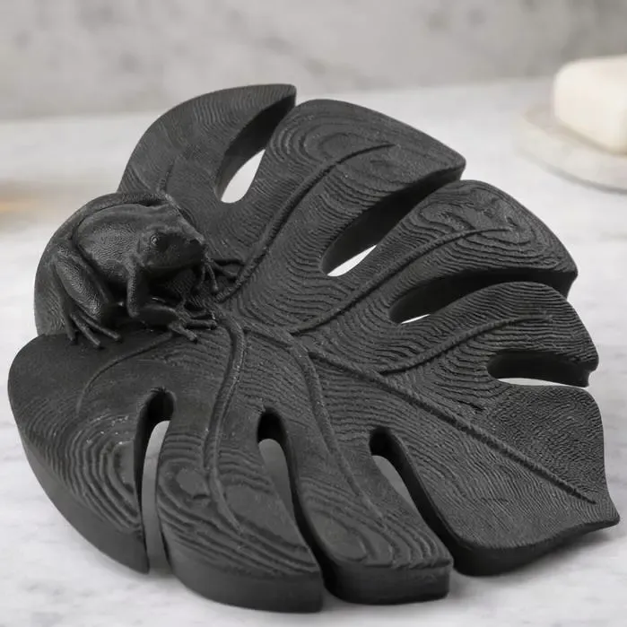 Monstera Leaf Soap Dish with Frog – Bathroom Decor