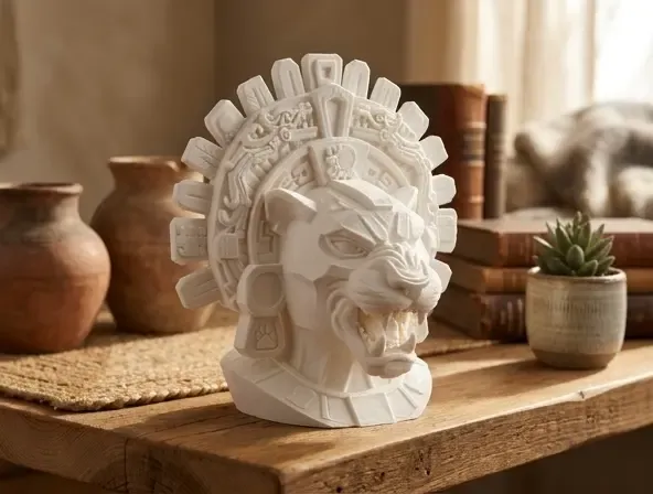 Ancient Inca Beast Bust - Stylized Jaguar with Headdress