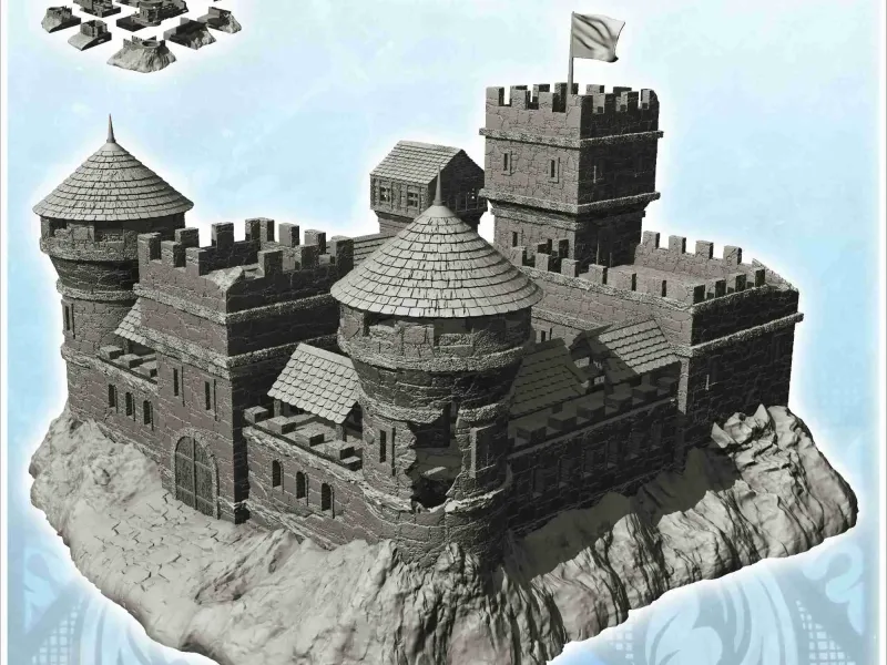Gran castillo dañado con torres dobles y torre del homenaje con bandera (
