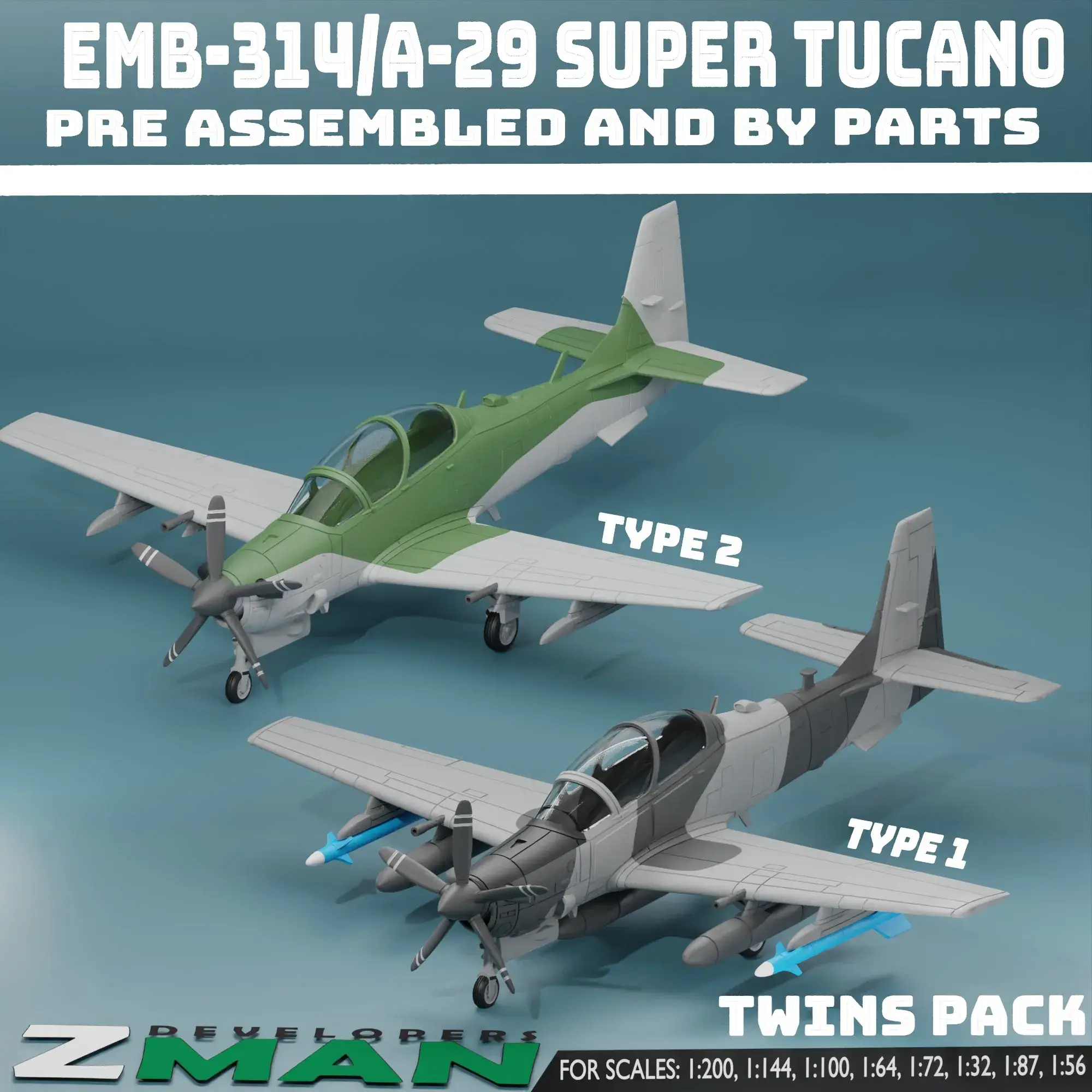 Drones & Aircraft STL Download - EMB-314 (A-29 SUPER TUCANO) TWINS