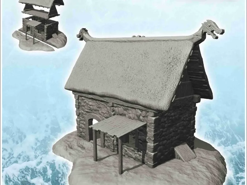 Viking storage shed with thatched roof, canopy and basement