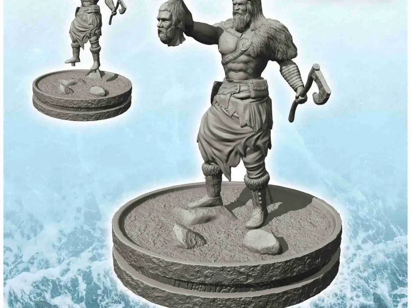 斧と切断された頭を持つ上半身裸のバイキング戦士 (2)