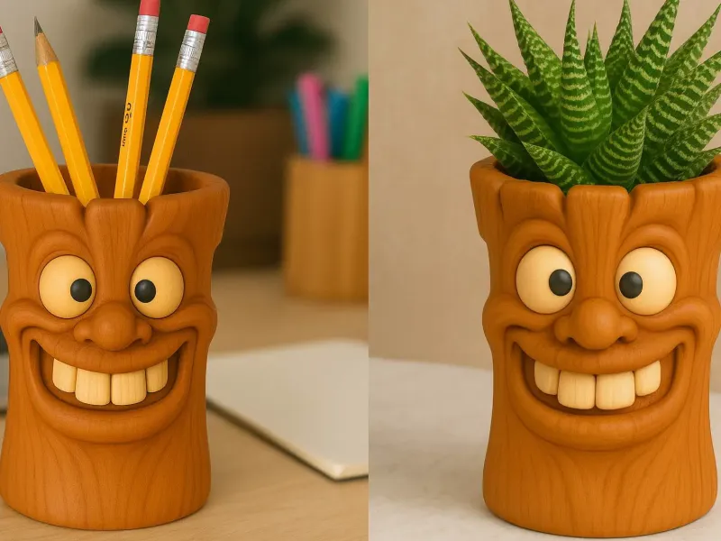 Painted Goofy face Log Pencil holder / Planter