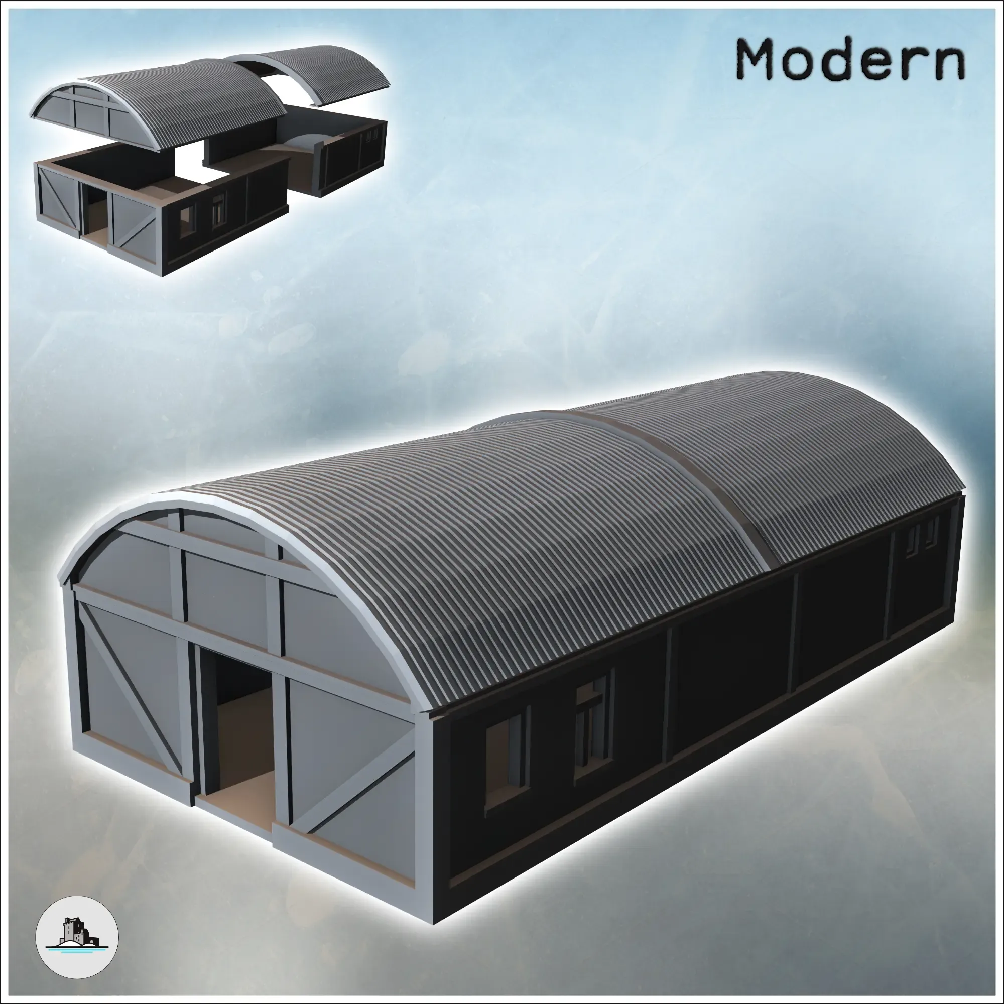 Storage hangar with curved roof and multiple windows (4) - m