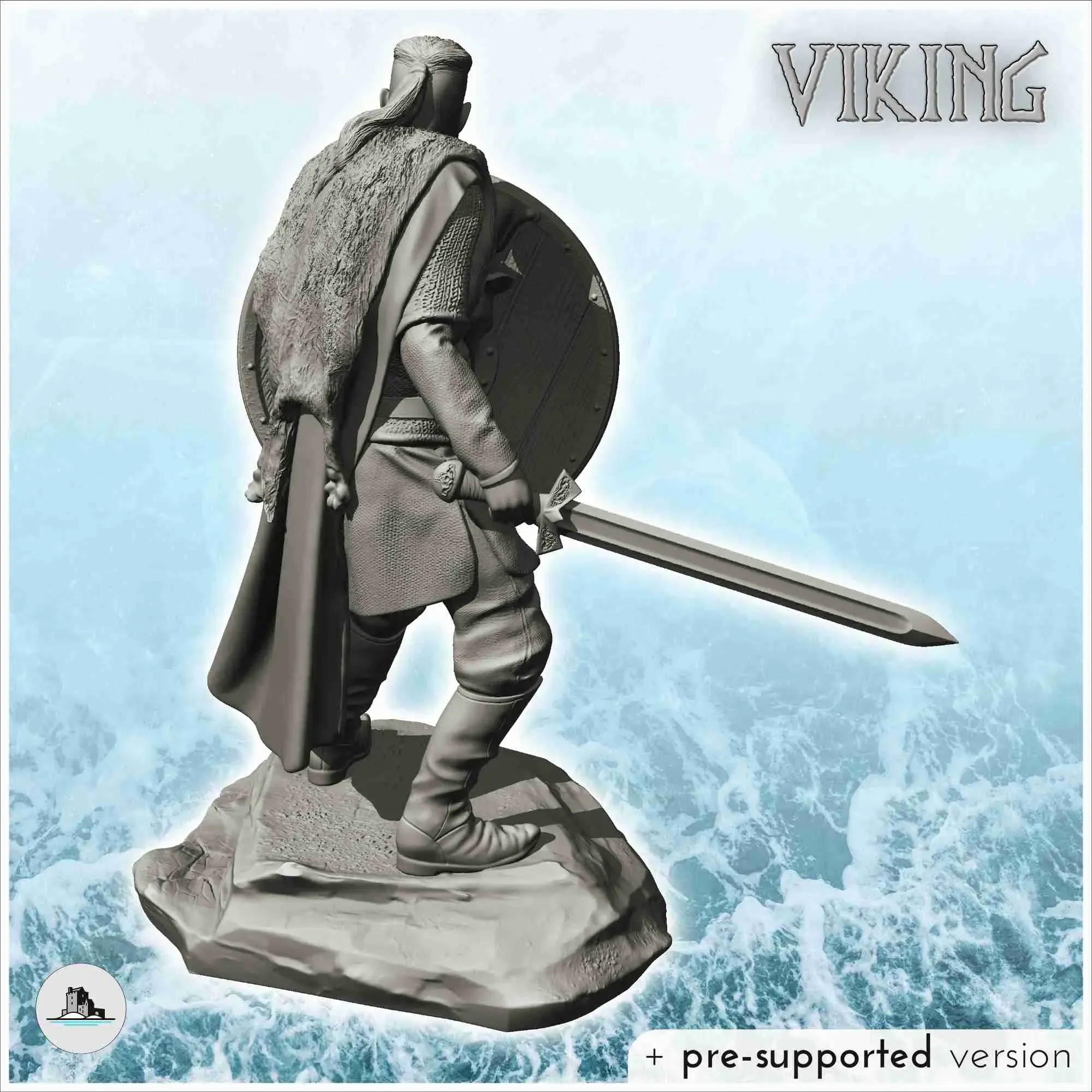 Viking warrior in fighting position with shield and sword