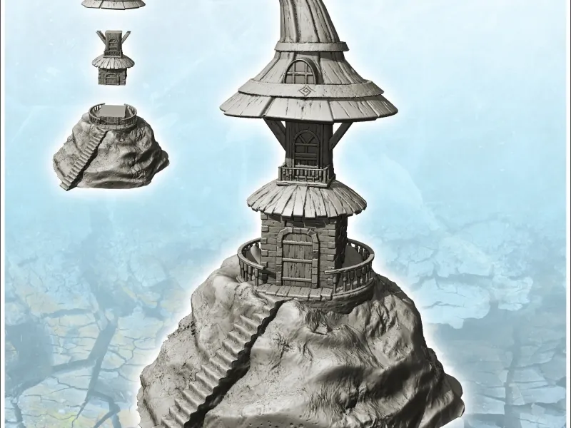 Large fantastic medieval tower on rocky promontory and curve