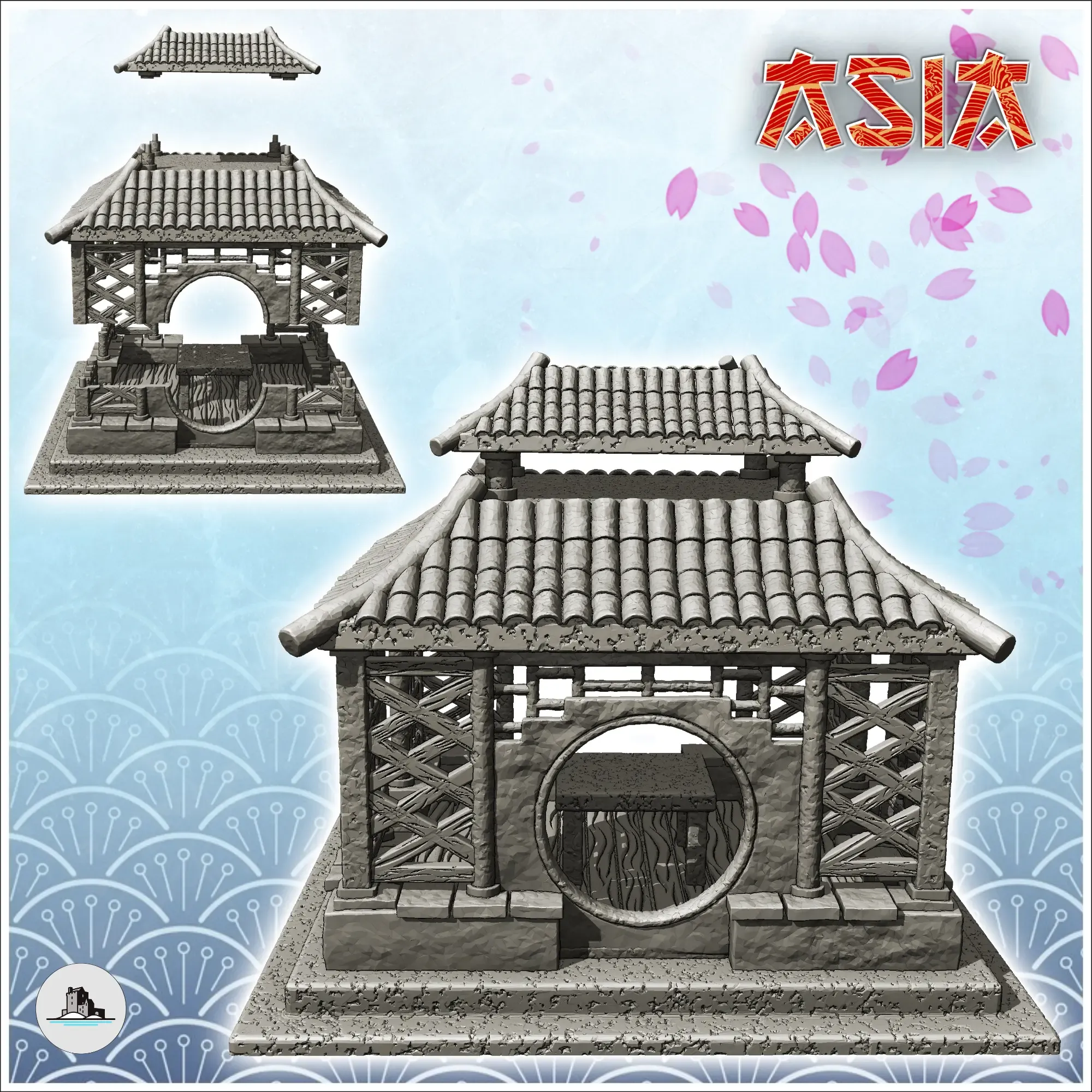 Oriental altar with round openings and curved double roof (2