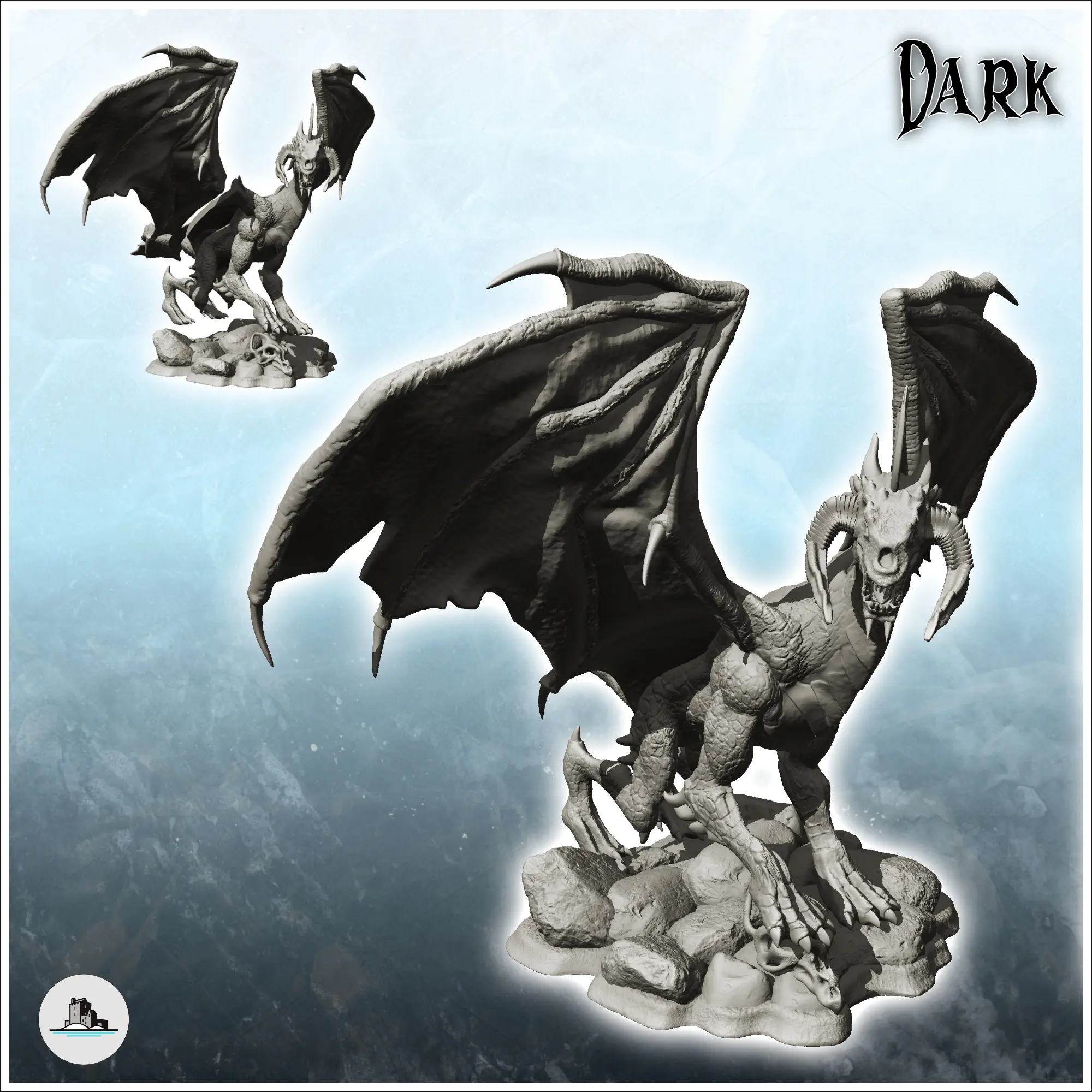 Dragon with double big horns on rock - figure miniature