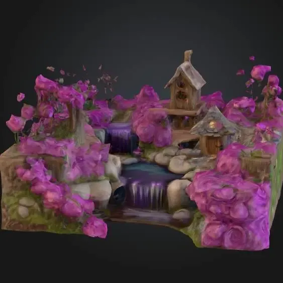 Vila cercada por rosas e rio com cascatas