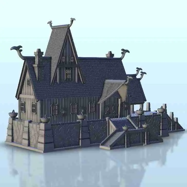 Gran templo vikingo con escaleras - escenografía medieval en miniatura