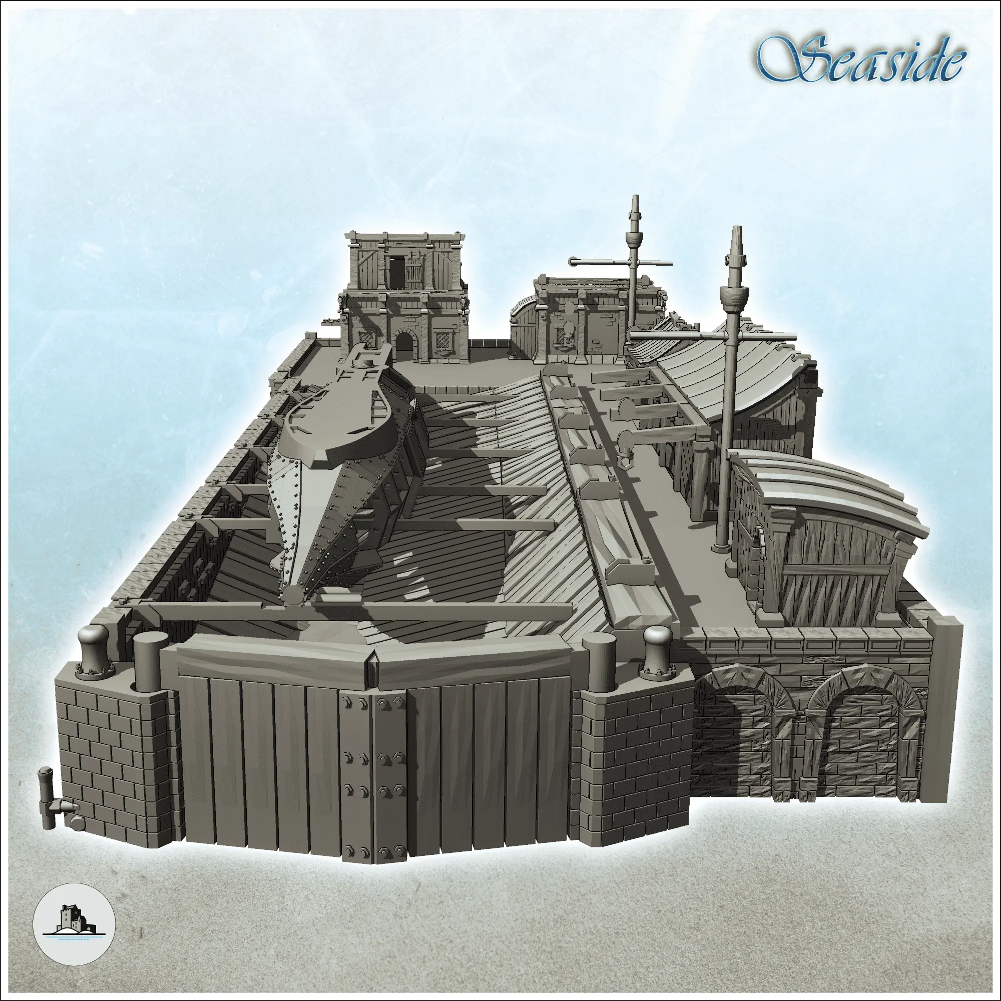 Medieval shipyard with ship hull and ancillary buildings on