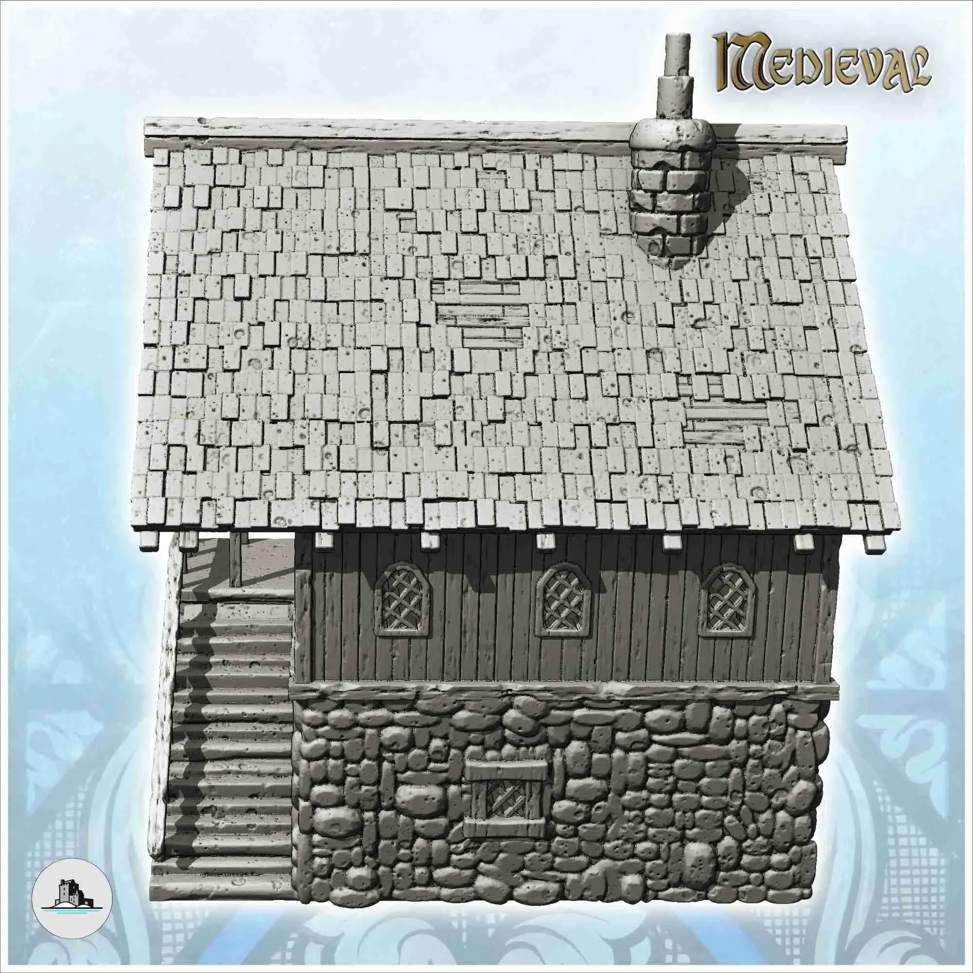 Medieval tavern with large entrance staircase and tiled roof