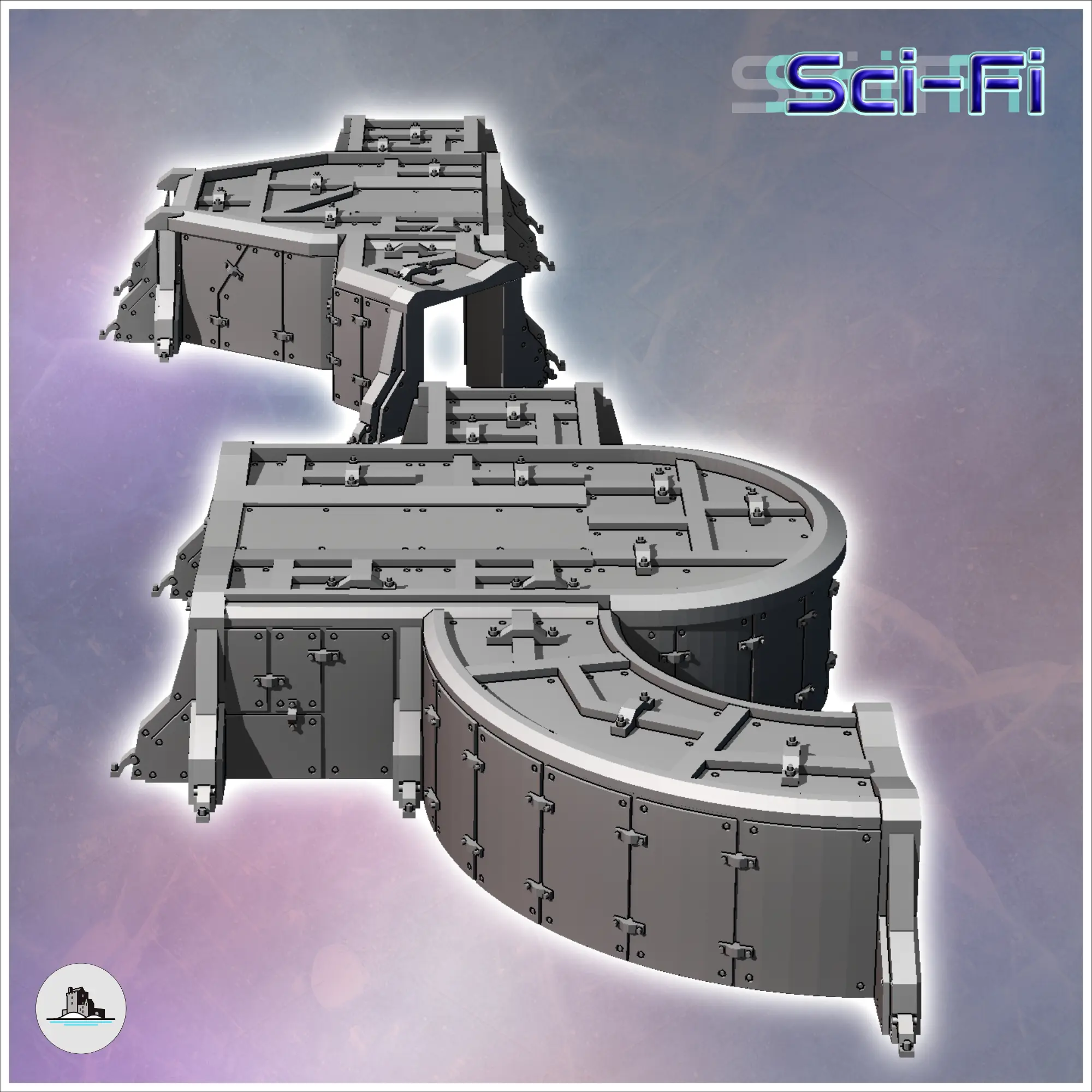 Modular futuristic Sci-Fi fortified bunker with corner metal