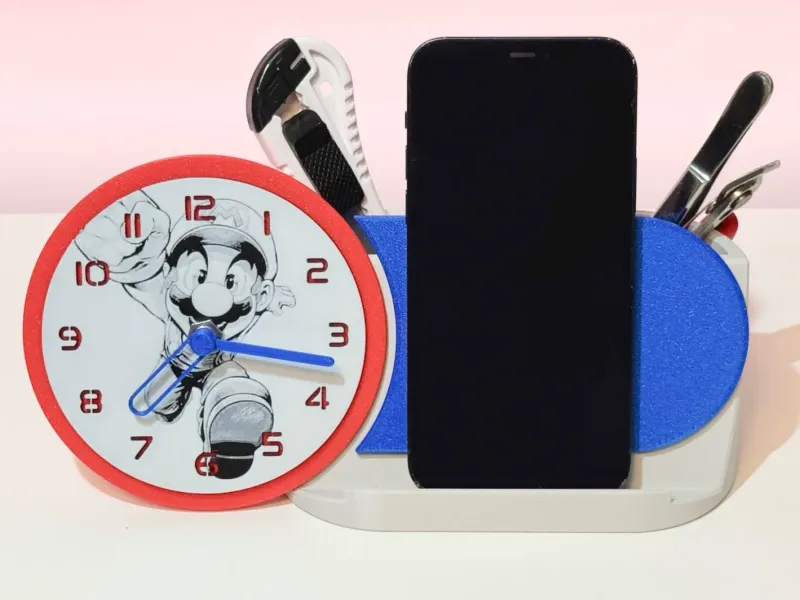 Desk clock with phone holder & pencil box, Super Mario theme