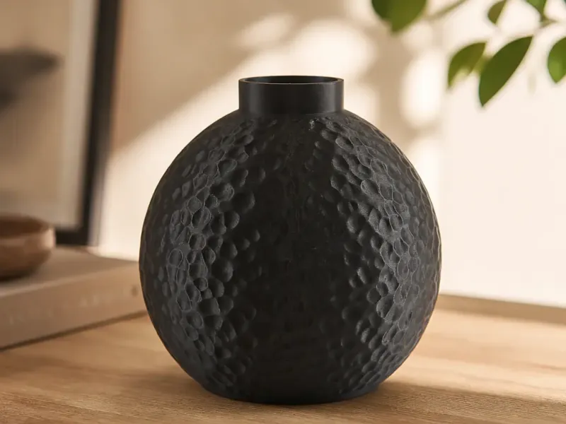 Black Hammered Texture Vase Modern Round Decor