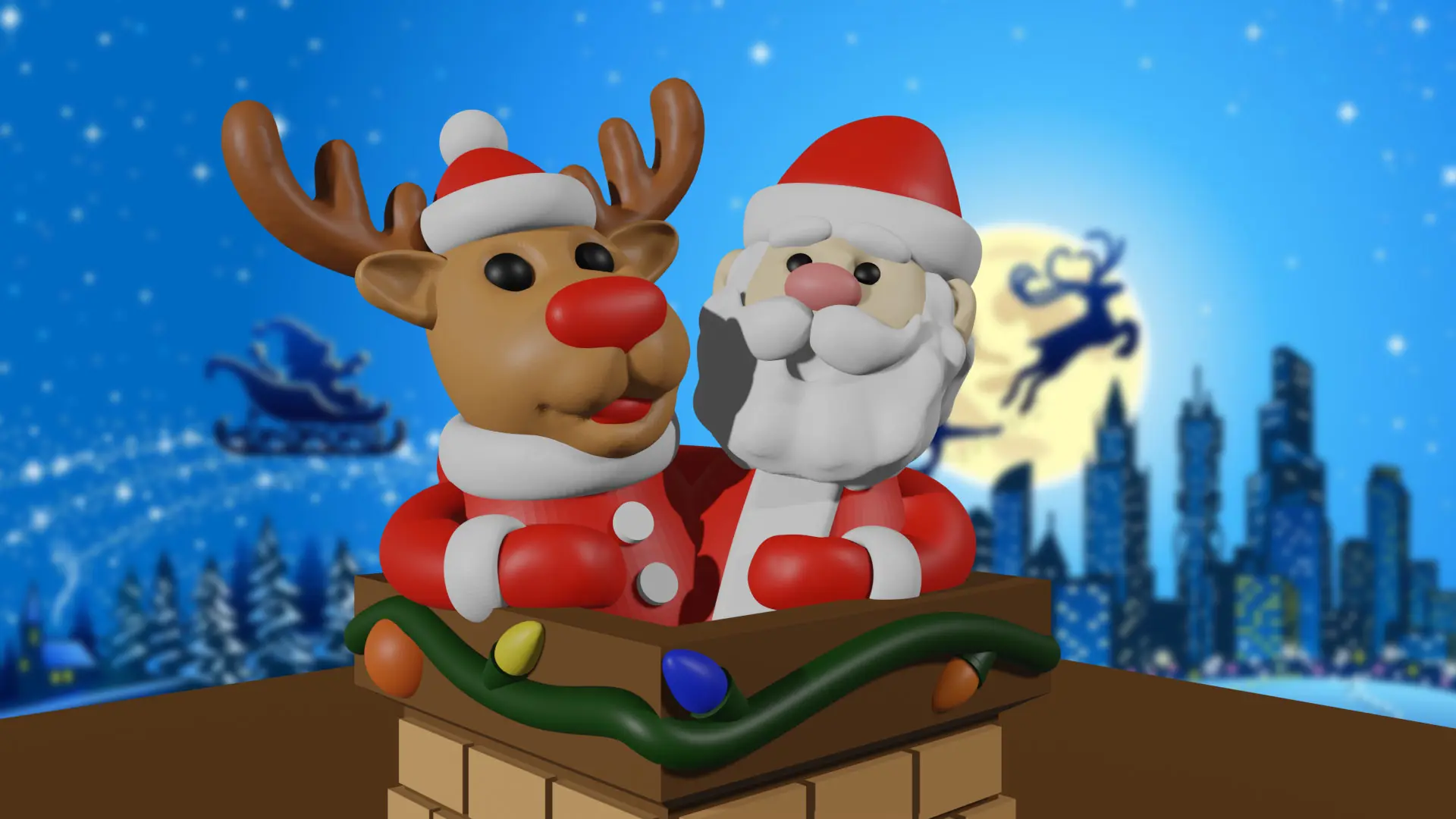 SANTA AND REINDEER IN CHIMNEY