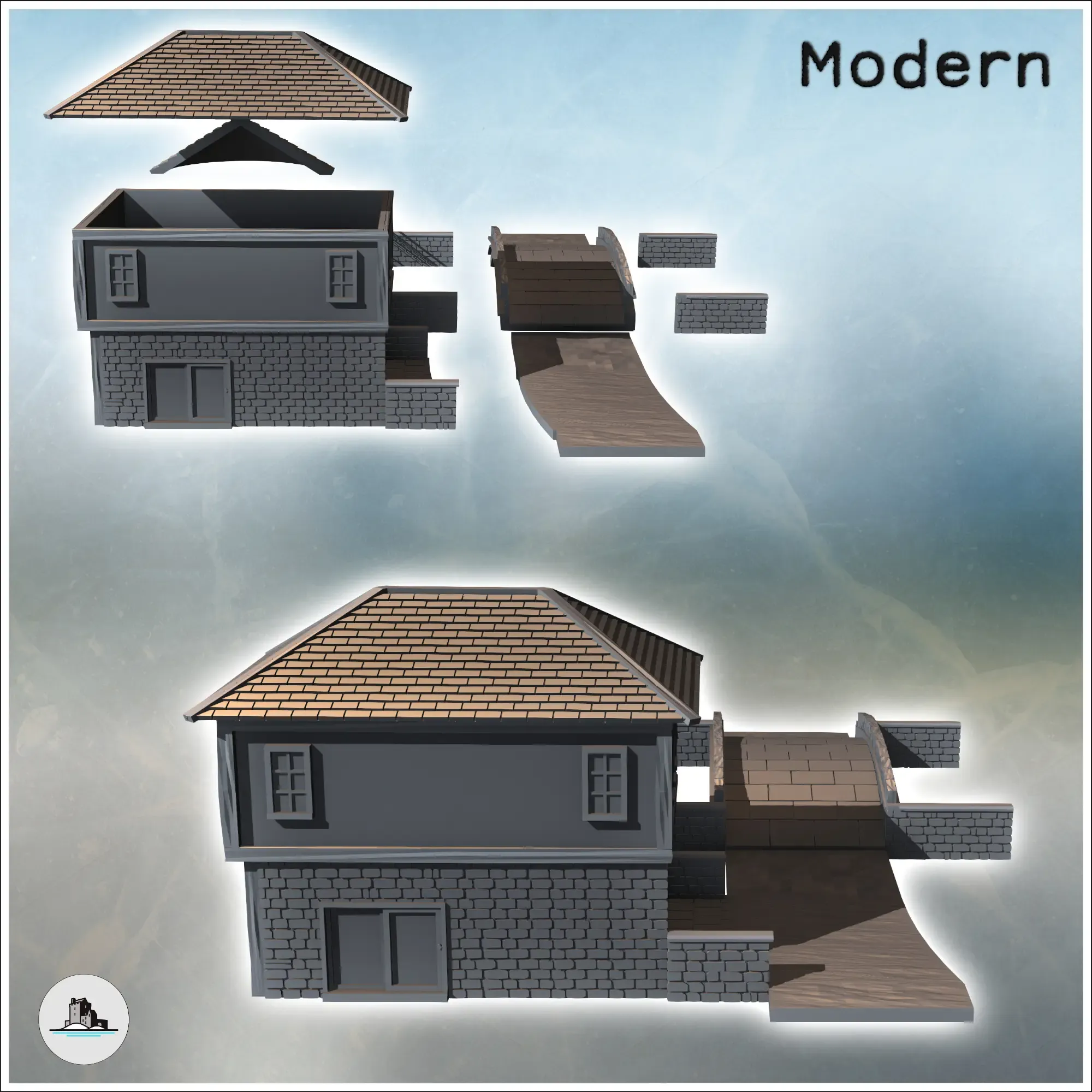 Set of rounded bridge and modern house with a four-sloped ro