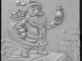 Santa Claus delivering gifts by rooftop,