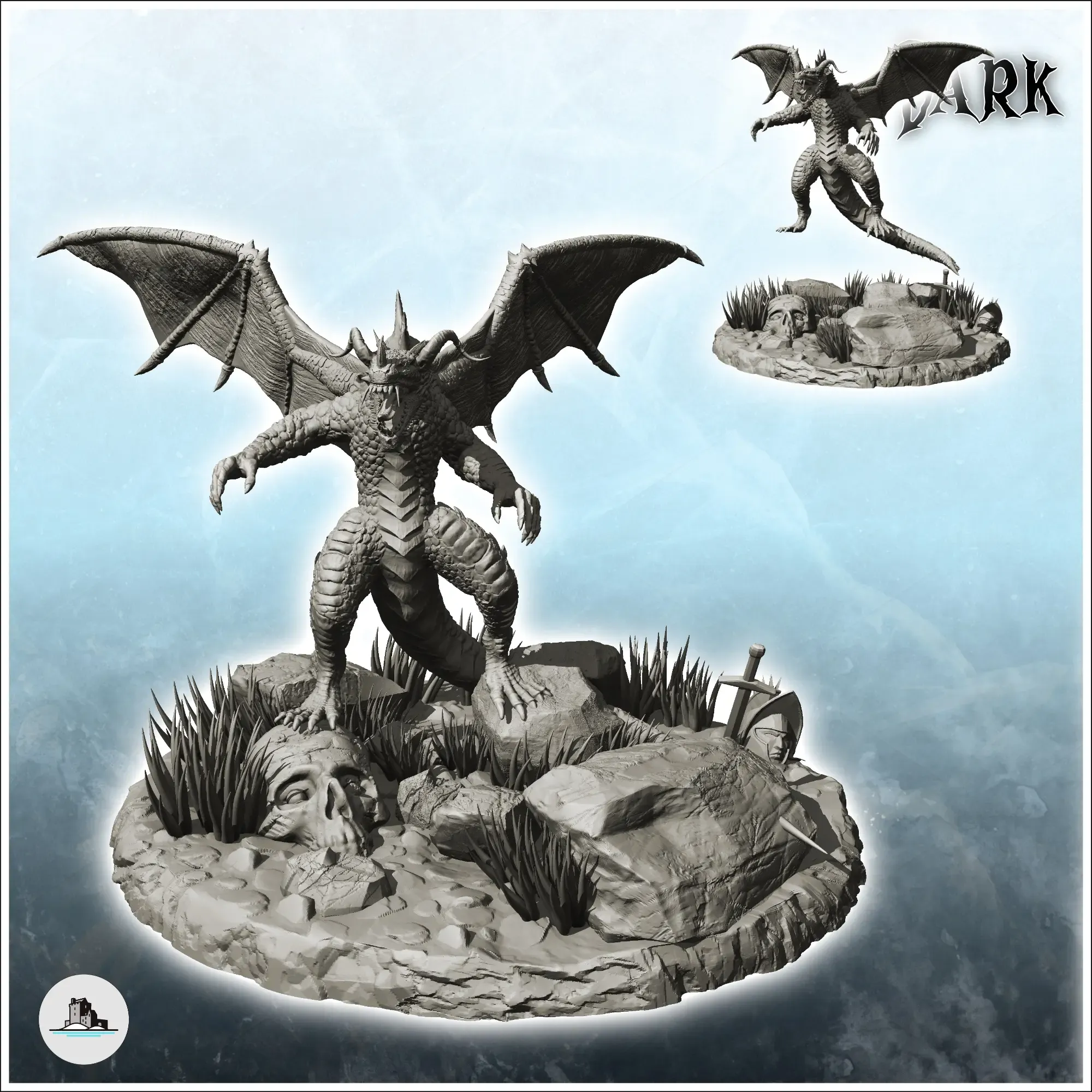 Dragon on rock with skulls - figure miniature statue fantasy