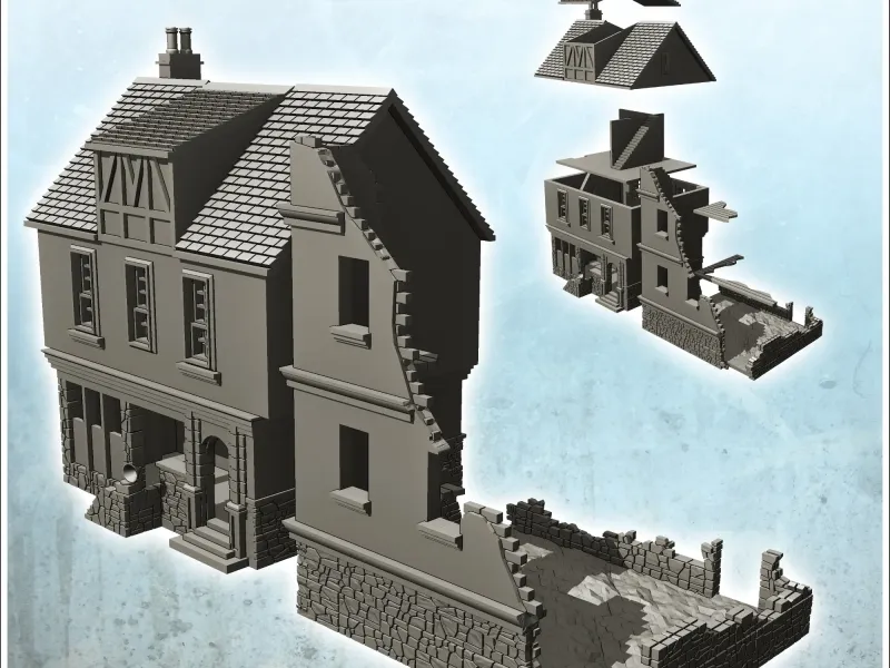 Set of ruined houses with floors and stairs (11) - miniature