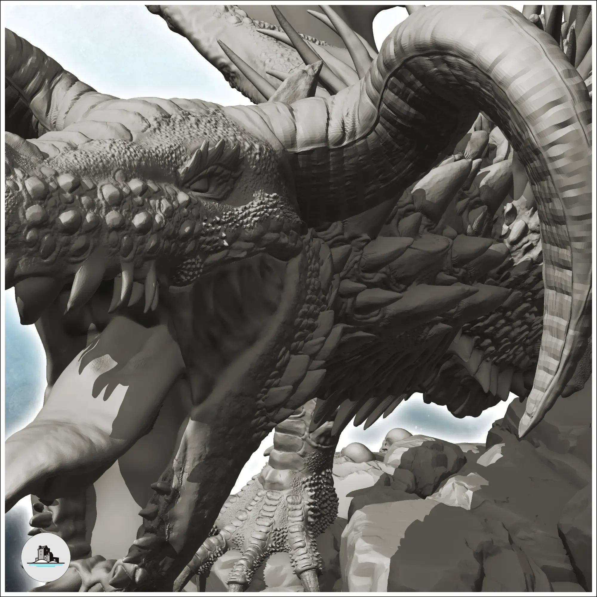 Big horned dragon on rock - figure miniature statue fantasy