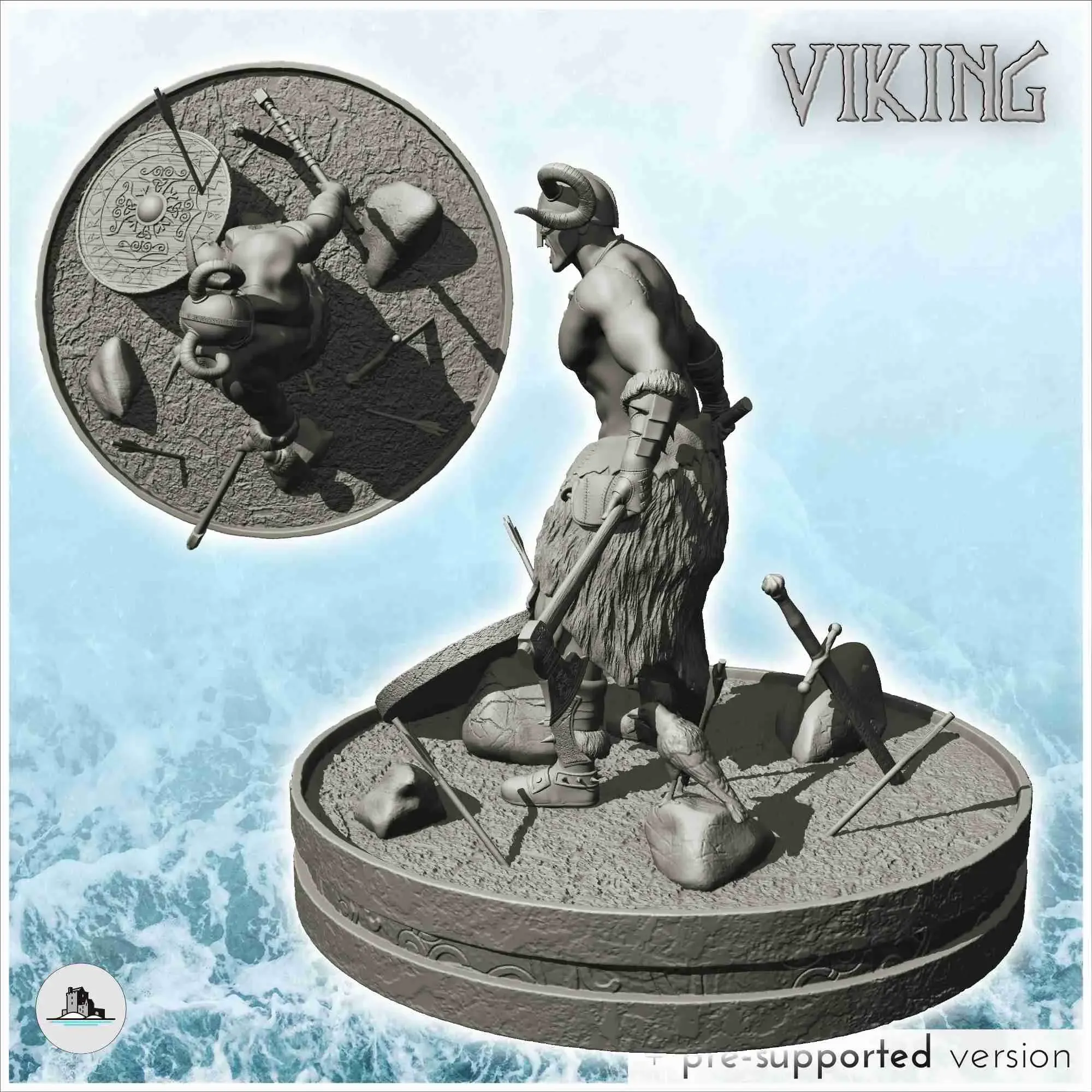 Viking warrior with horned helmet and double axes