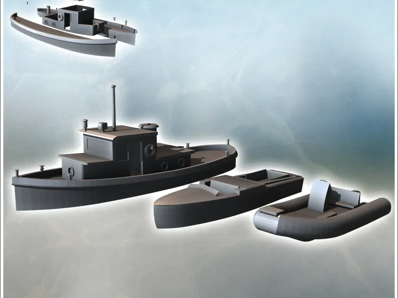 Set of three boats with canoe and ship (1) - miniatures warh