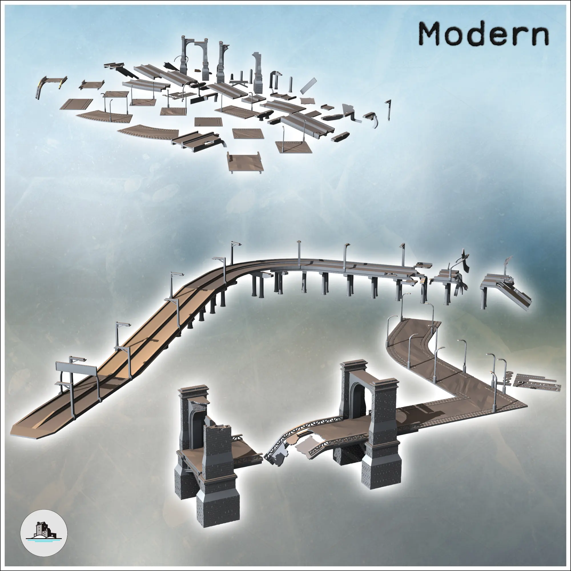 Urban Modern Highway Set with Street Light and Destroyed Sto