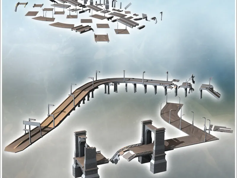 Urban Modern Highway Set with Street Light and Destroyed Sto