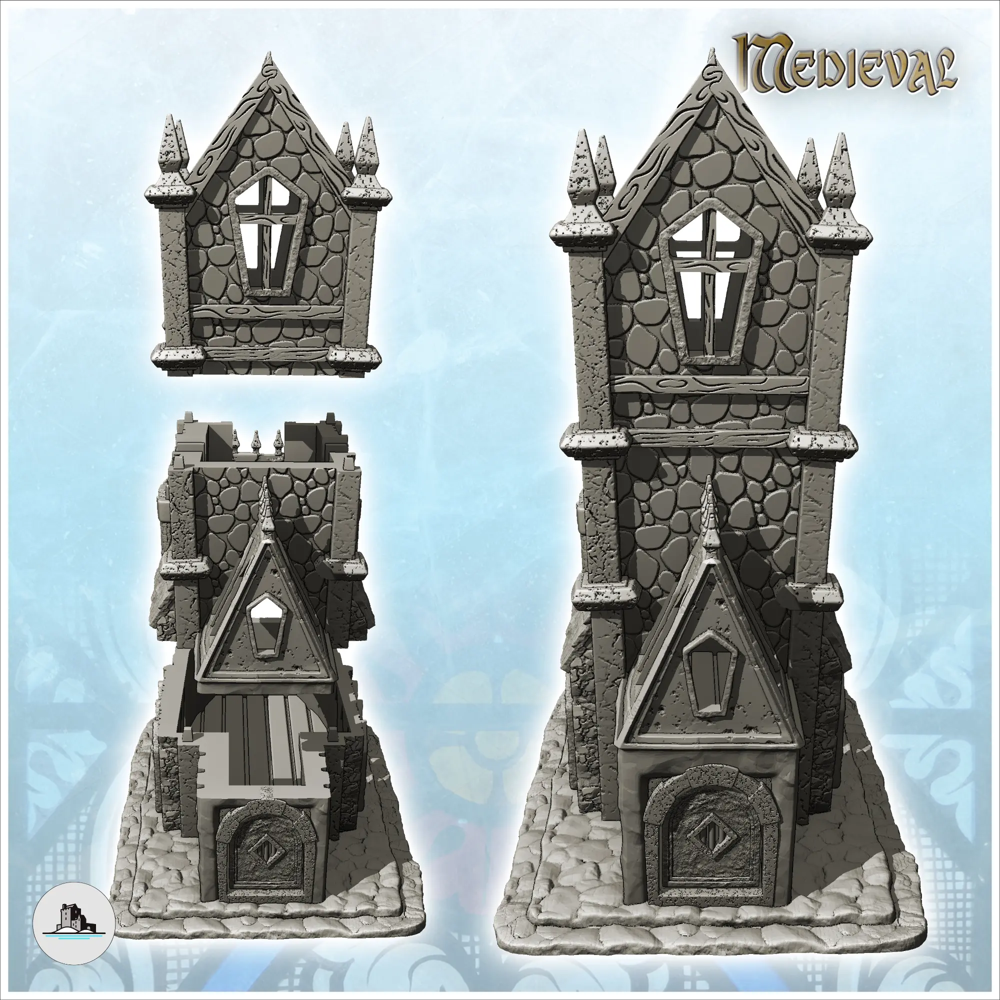 Medieval Gothic building with large stone tower and roof spi