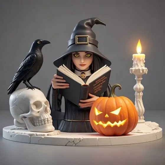 2954 Witch with Spell book, Skull, Raven and Pumpkin beast