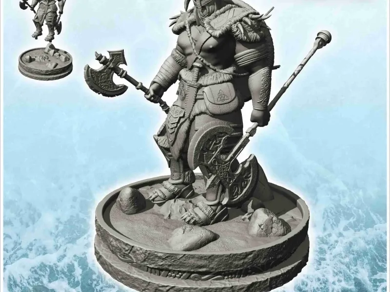Viking warrior with horned helmet and double war axes (18)