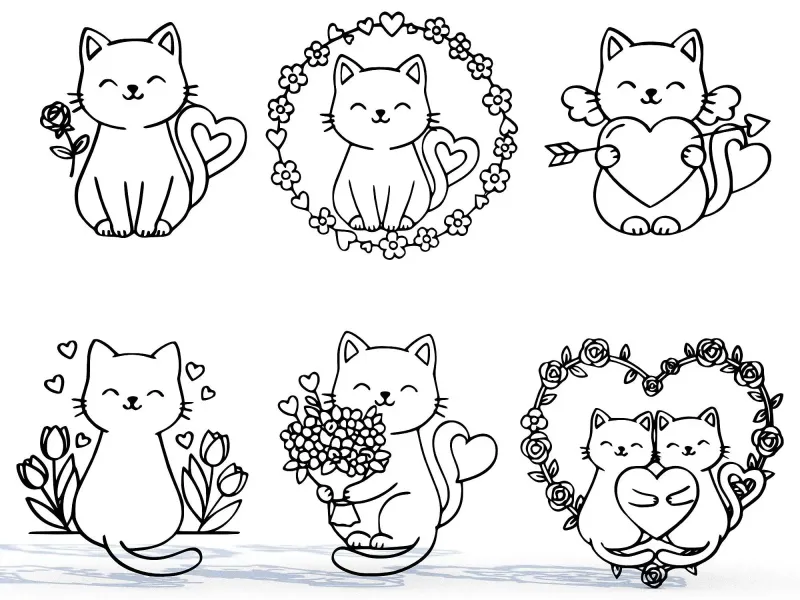 Cute Valentine Cats – 6 Romantic Line Art Models for 3D