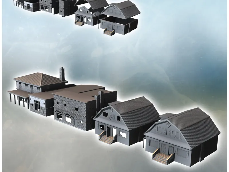 Set of four modern houses with a chimney brick walls and ent