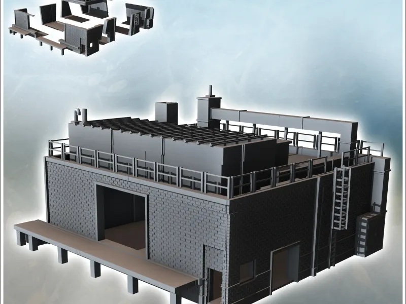 Modern industrial building with roof access ladder, brick wa