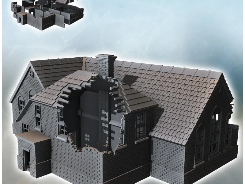Large modern mansion with angled roof and central annex with