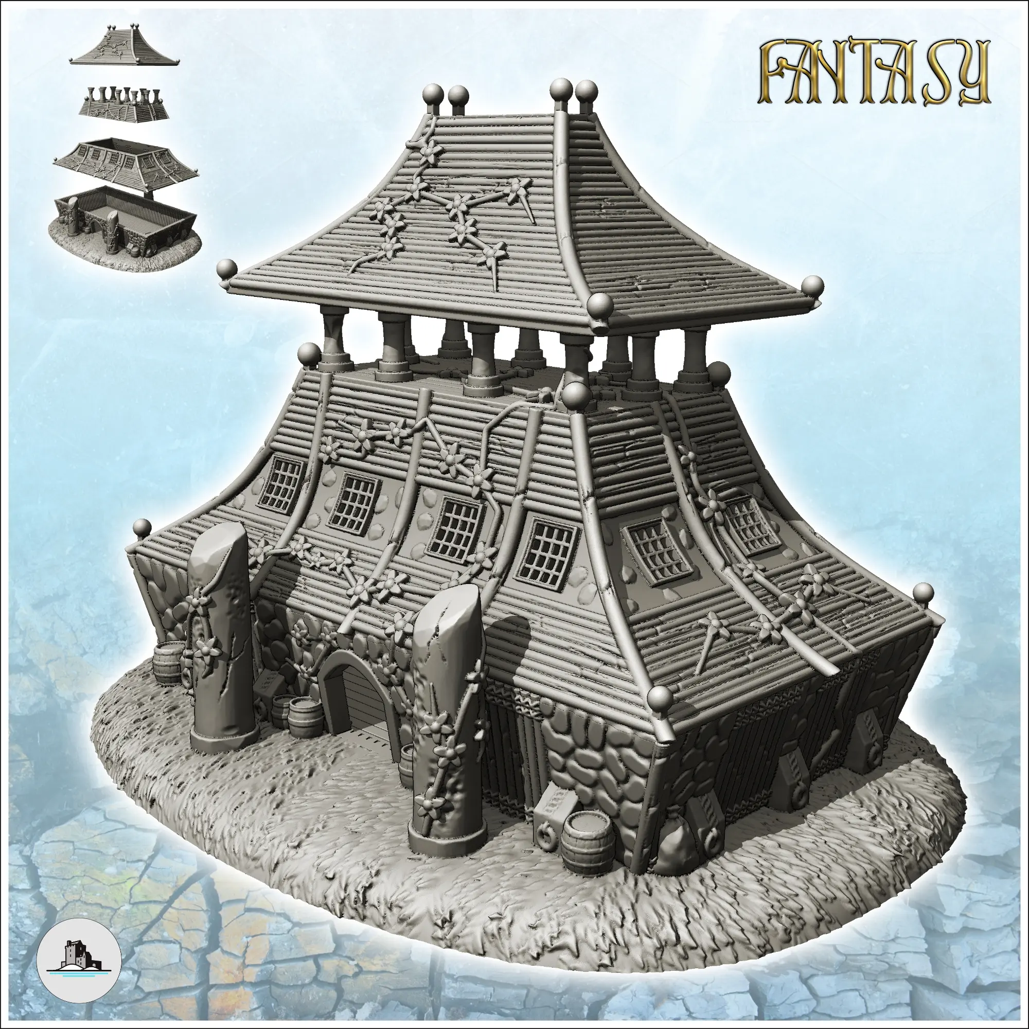 Large curved-roof medieval building with upstairs terrace an