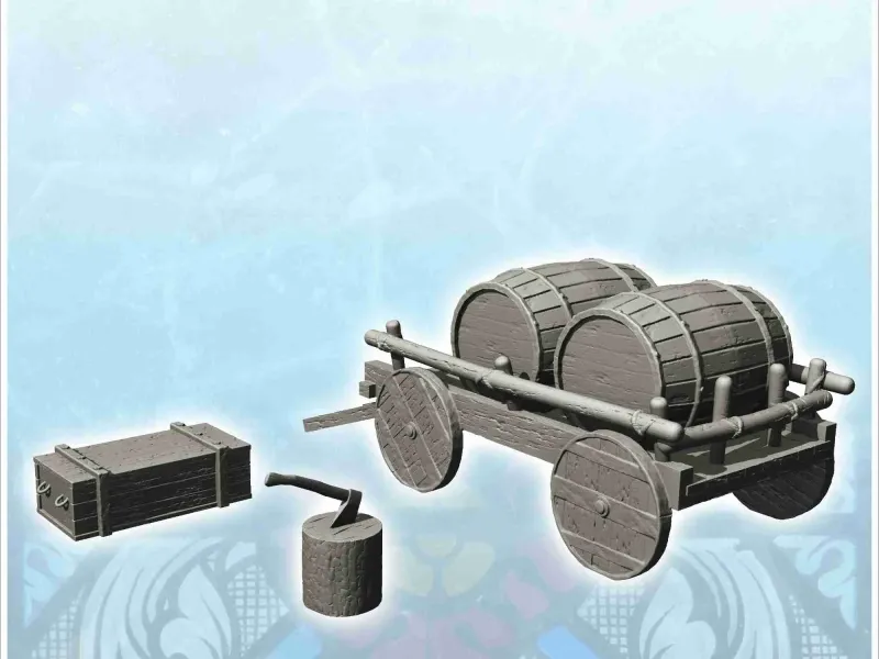 Conjunto de equipamento medieval com carroça, caixote e machado (1) - scener