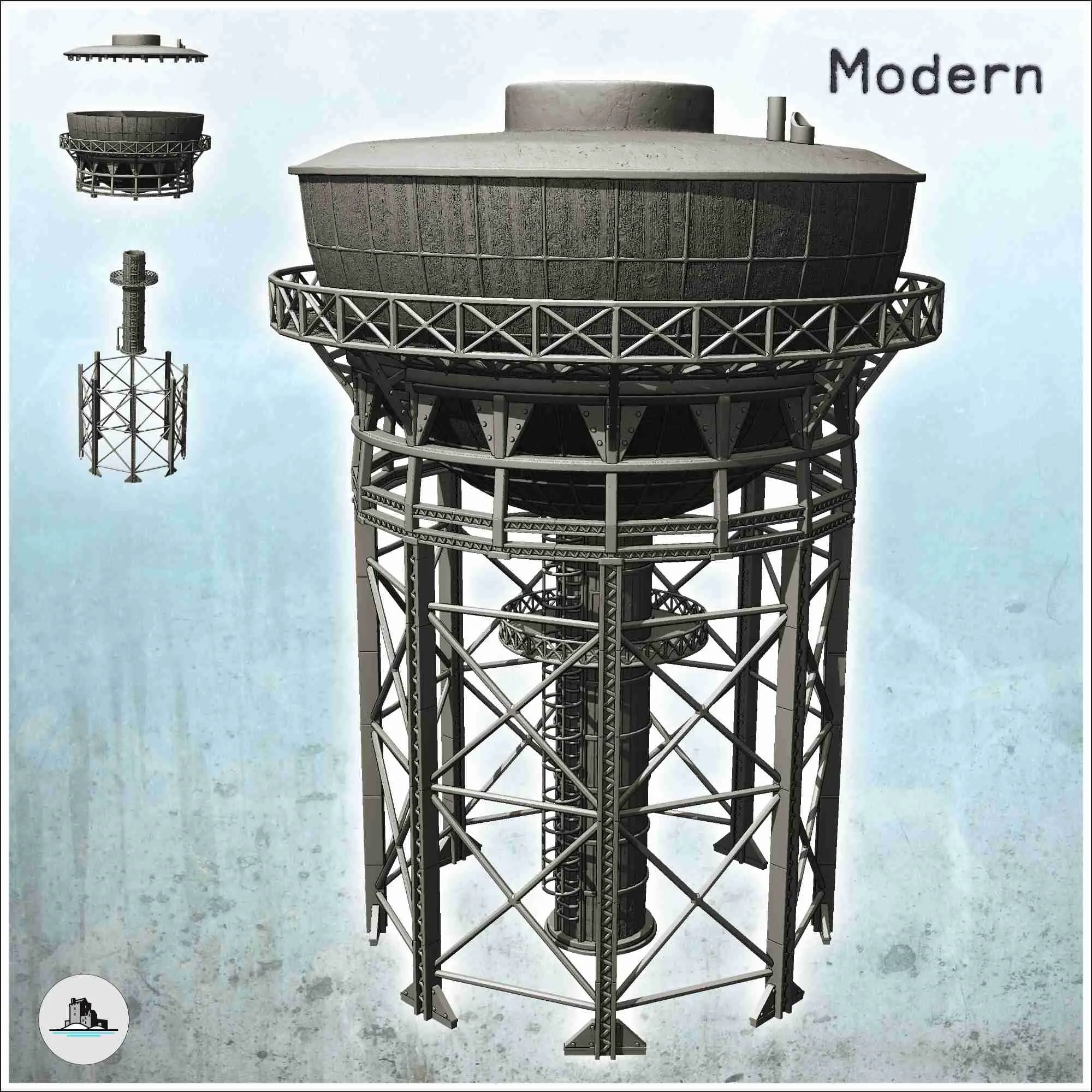 Torre industrial con depósito en la parte superior y estructura metálica (2