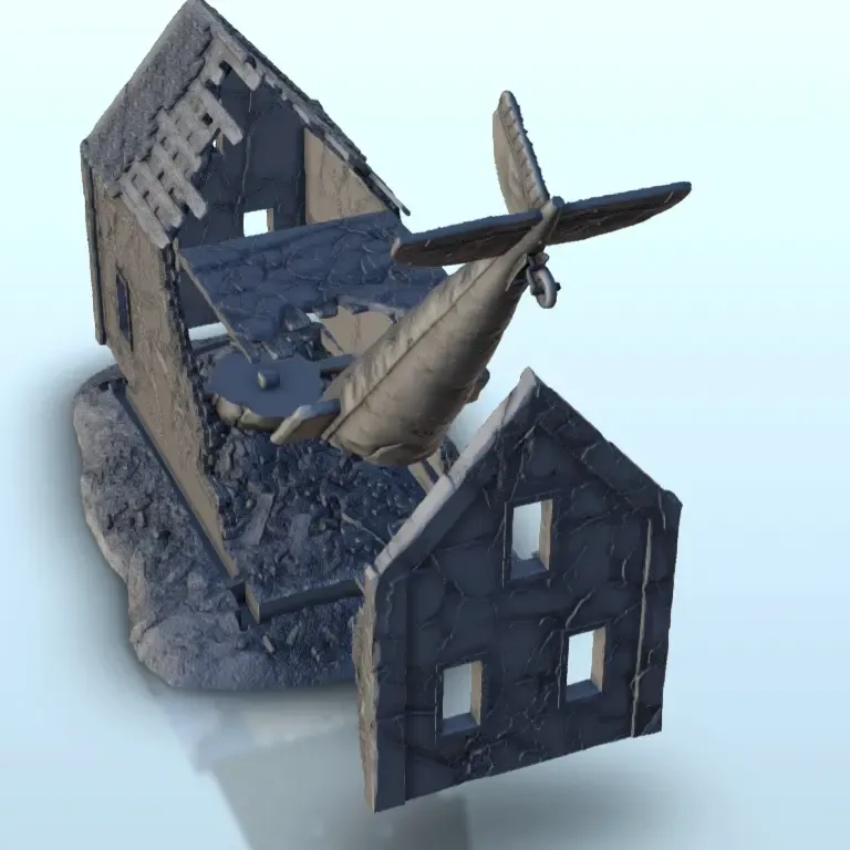 Ruined house with plane carcass 17 - WW2 Terrain scenery