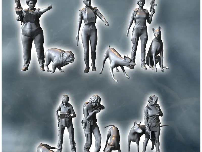 Set of six modern armed women with attack dogs (1) - miniatu