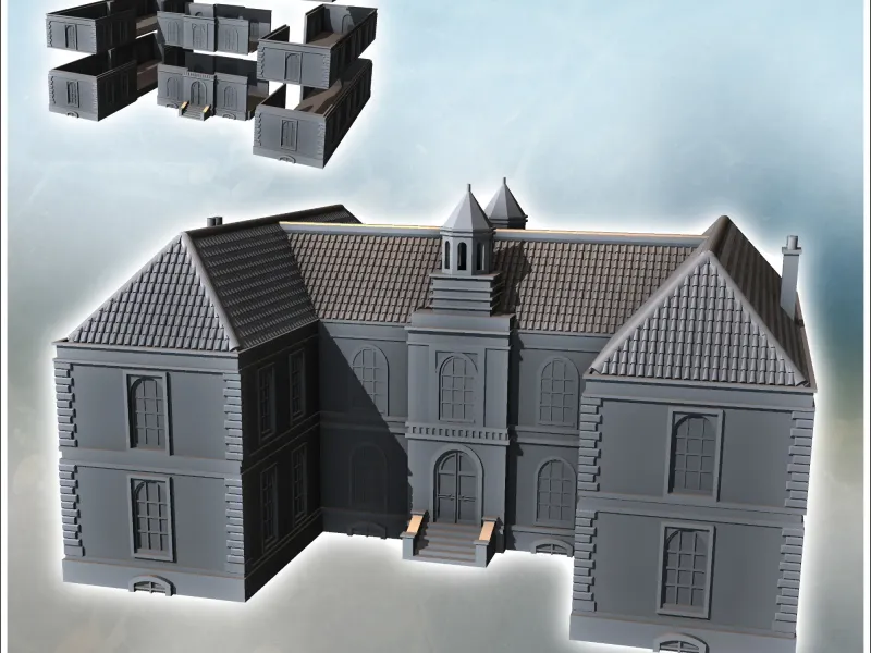 Modern building with bell towers, two wings and access stair
