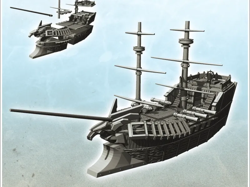 Two-masted medieval wooden ship with six gunpowder cannons (