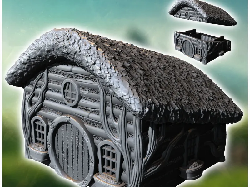 Hobbitwoning met schuin hol dak en ronde houten deur